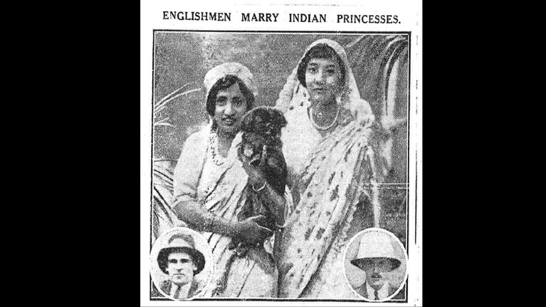 An image of an historic newspaper clipping, showing the sisters, Princess Pretiva and Princess Sudhira, who are holding a small black dog. Below are two cut-outs of the Mander brothers, Alan and Lionel who they would go on to marry.